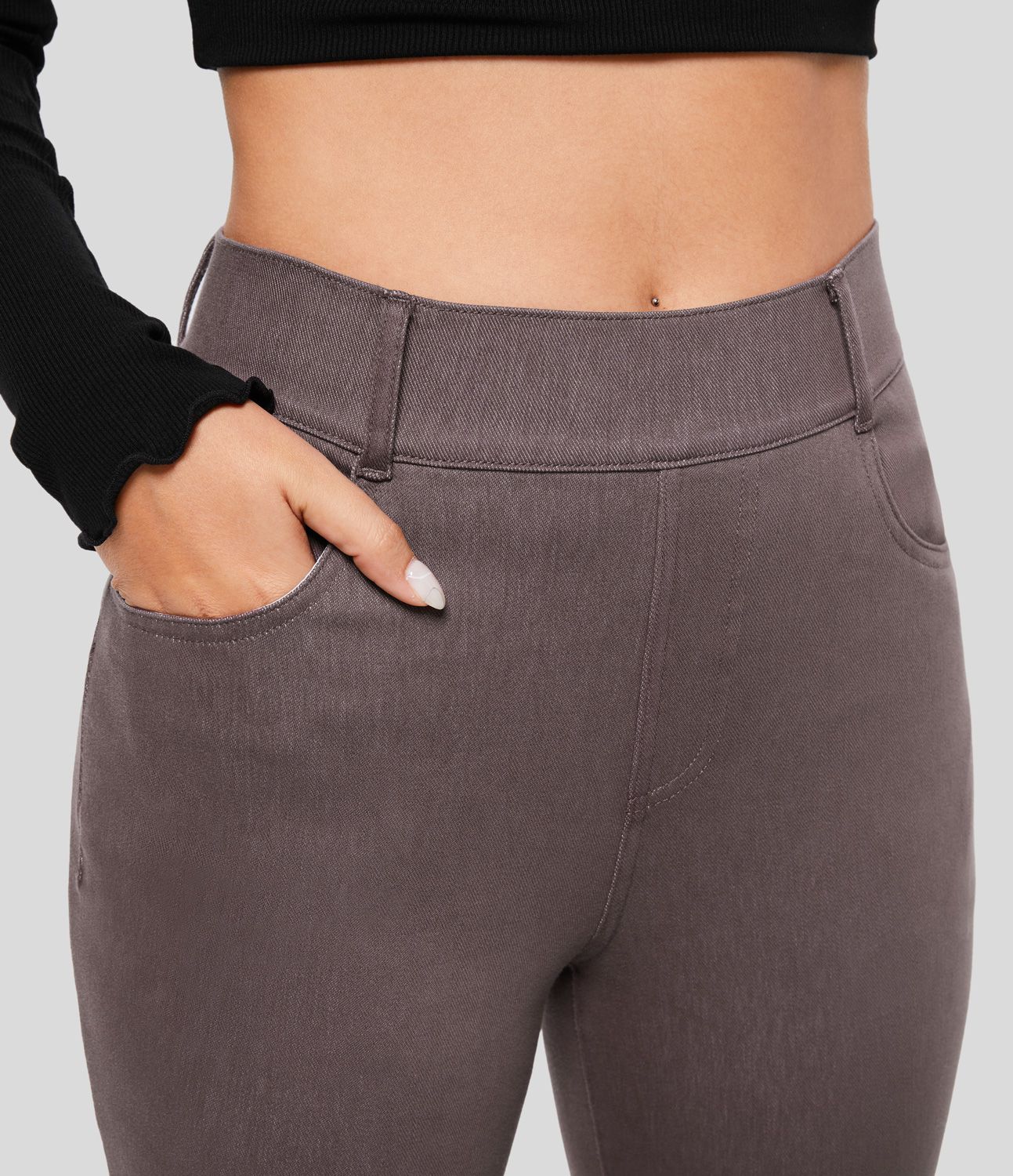 Halara Flex™ Flare Jeans in stretchy knit denim with high waist, side pockets, and slit