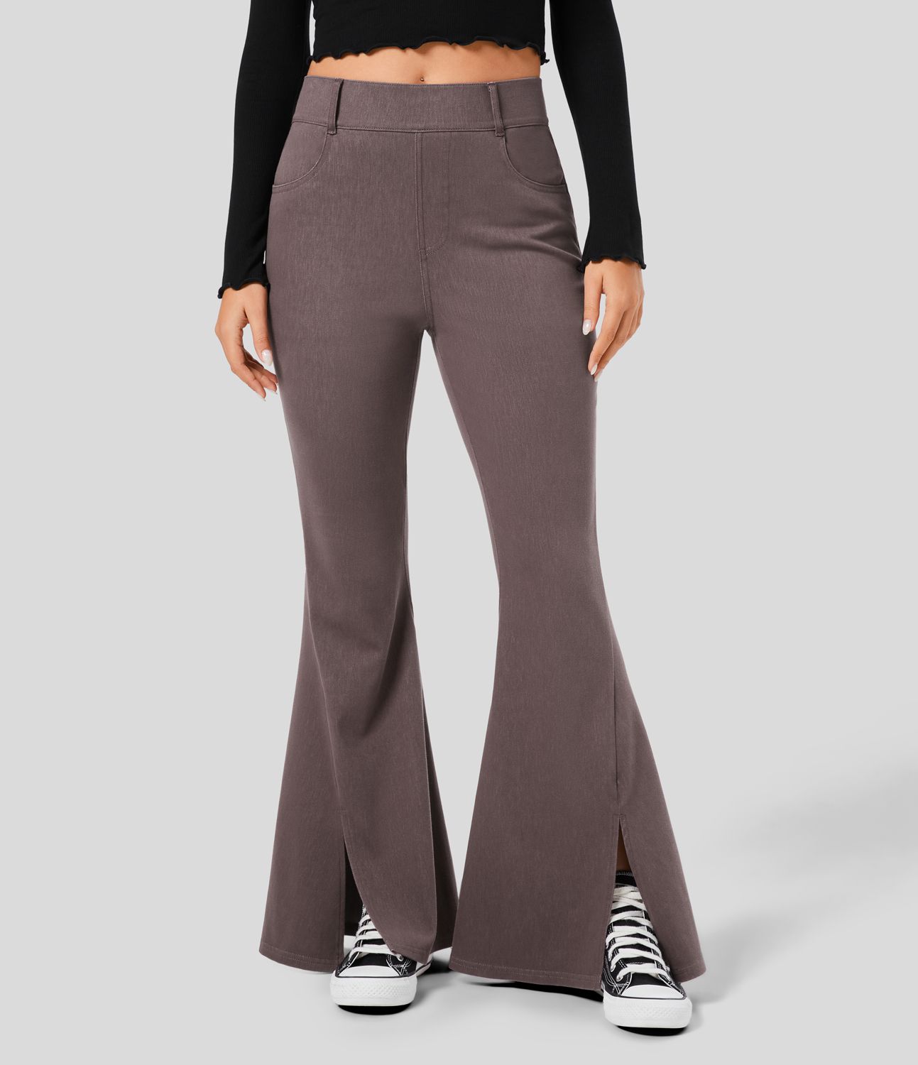 Halara Flex™ Flare Jeans in stretchy knit denim with high waist, side pockets, and slit