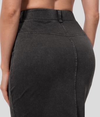Halara Flex™ High Waisted Split Hem Stretchy Knit Denim Midi Casual Skirt