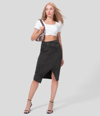Halara Flex™ High Waisted Split Hem Stretchy Knit Denim Midi Casual Skirt