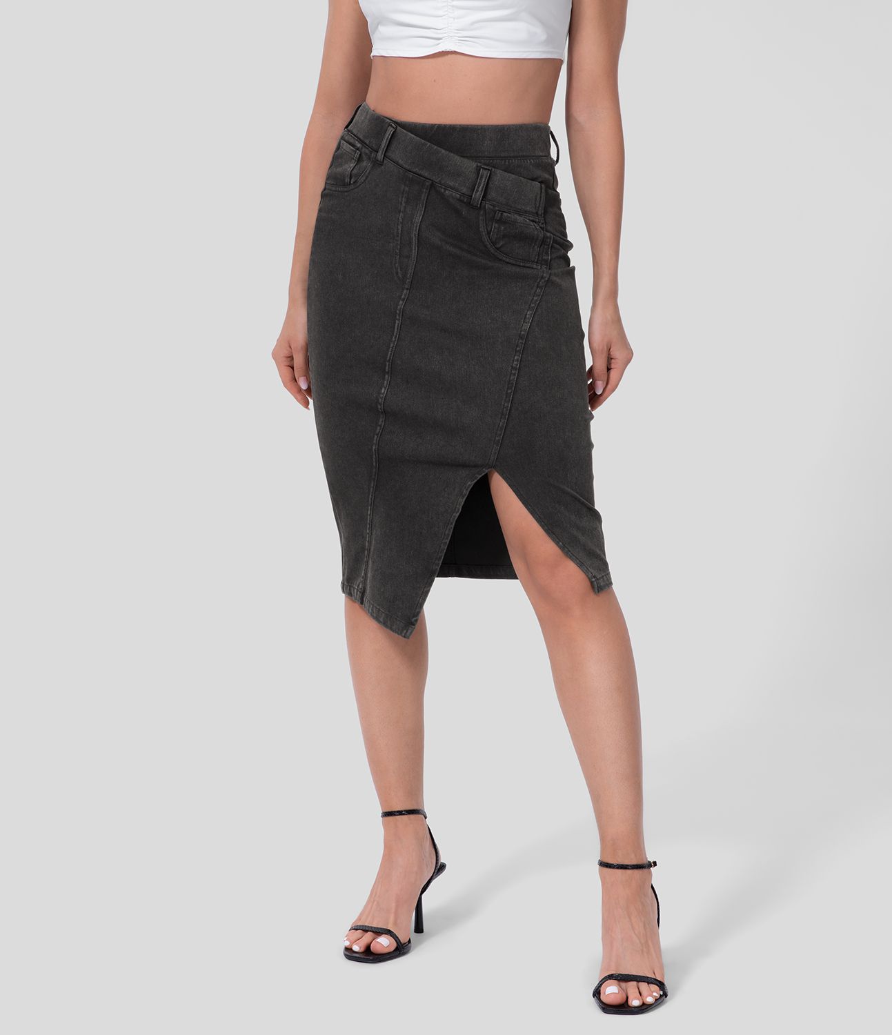 Halara Flex™ High Waisted Split Hem Stretchy Knit Denim Midi Casual Skirt