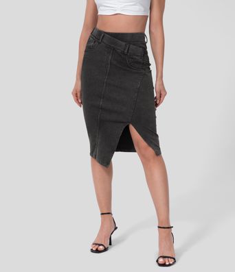 Halara Flex™ High Waisted Split Hem Stretchy Knit Denim Midi Casual Skirt