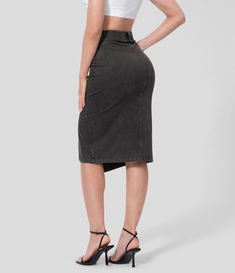 Halara Flex™ High Waisted Split Hem Stretchy Knit Denim Midi Casual Skirt