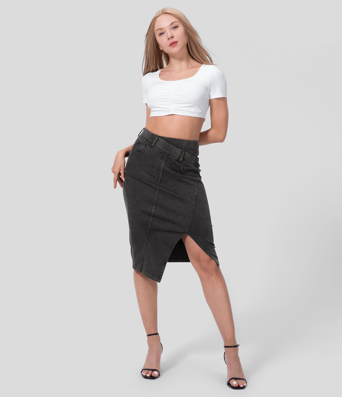 Halara Flex™ High Waisted Split Hem Stretchy Knit Denim Midi Casual Skirt