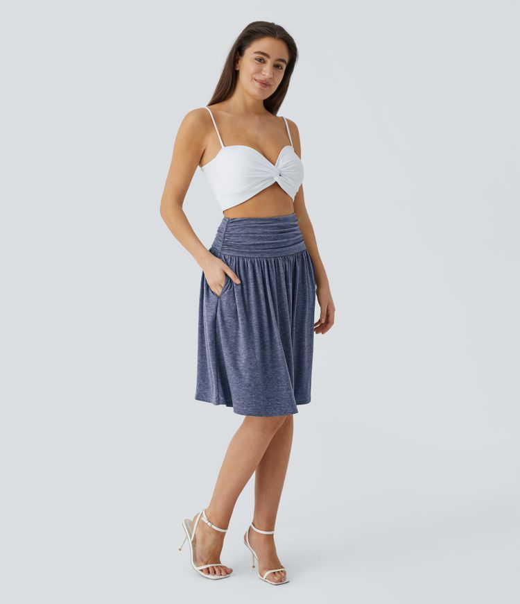 High Waisted Ruched Pocket Flowy Skirt