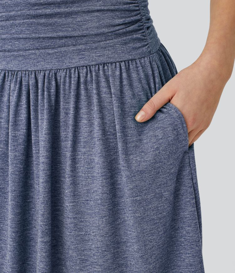 High Waisted Ruched Pocket Flowy Skirt