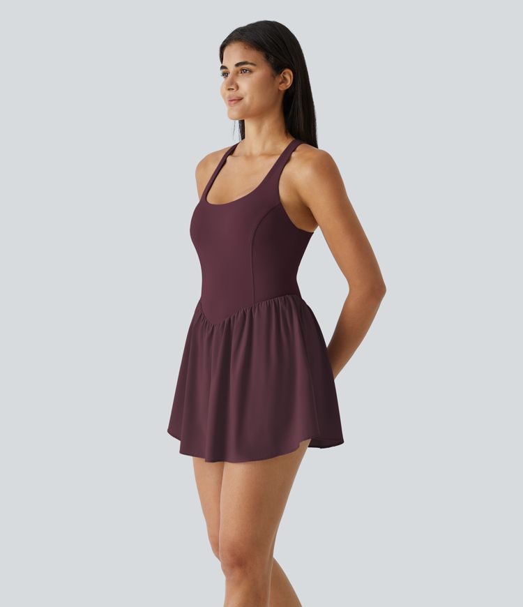 Breezeful™ Square Neck Backless Cut Out Crisscross Twisted Back 2-in-1 Side Pocket Corset Mini Quick Dry Flowy Casual Dress