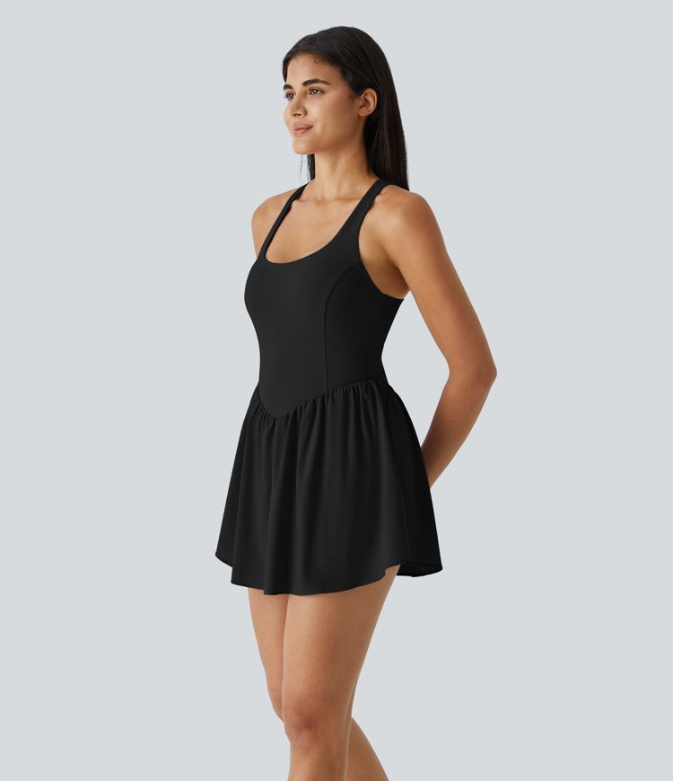 Breezeful™ Square Neck Backless Cut Out Crisscross Twisted Back 2-in-1 Side Pocket Corset Mini Quick Dry Flowy Casual Dress