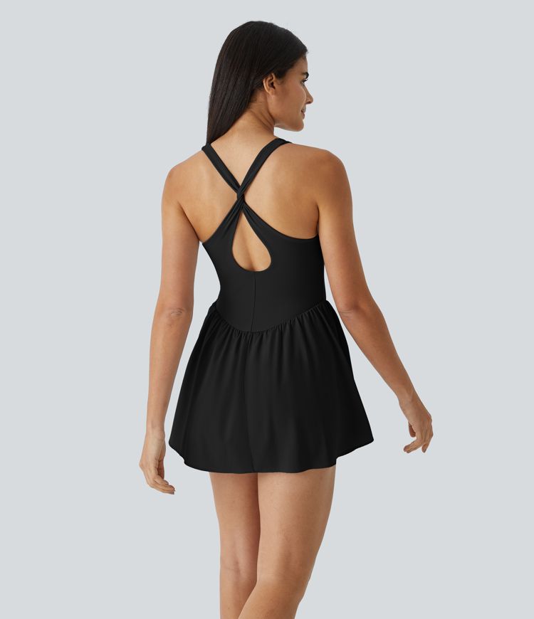 Breezeful™ Square Neck Backless Cut Out Crisscross Twisted Back 2-in-1 Side Pocket Corset Mini Quick Dry Flowy Casual Dress