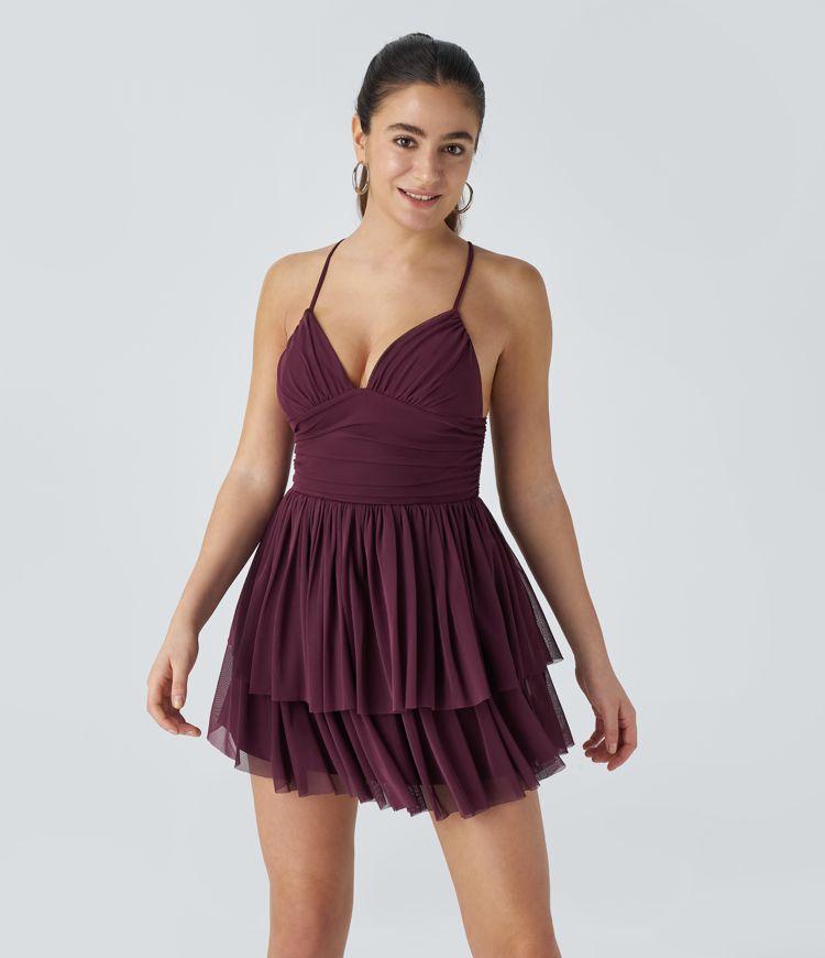 backless crisscross lace up mesh layered mini party dress Backless Criss-Cross Pu Leather Pleated Halter Mini Dress, Sexy