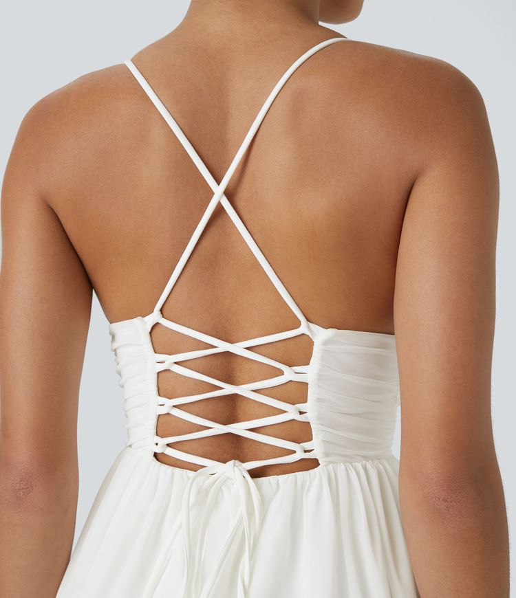 Lace Up Mesh Layered Mini Dress