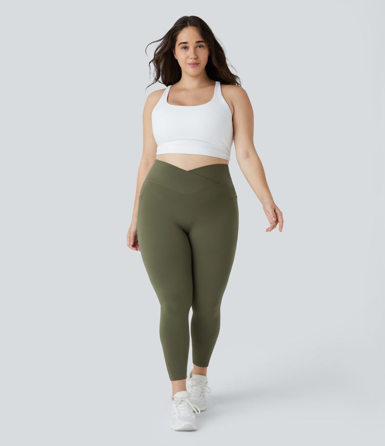 SoftlyZero™ High Waisted Crossover Pocket Plain Plus Size Full Length Leggings-UPF50+