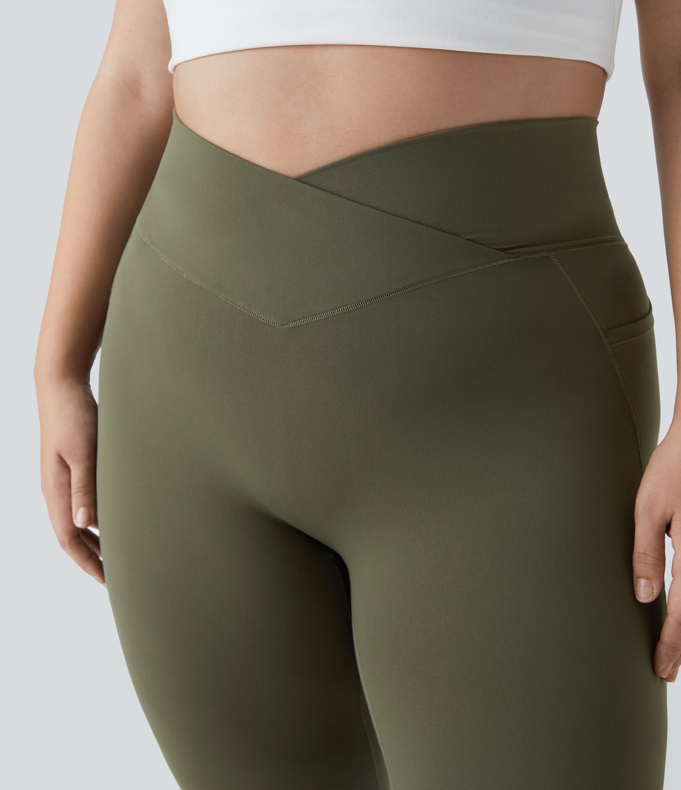 SoftlyZero™ High Waisted Crossover Pocket Plain Plus Size Full Length Leggings-UPF50+