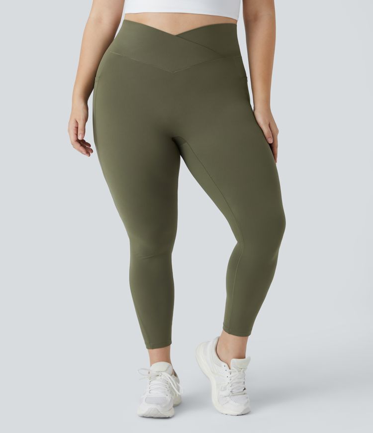 Softlyzero™ High Waisted Crossover Side Pocket Plain Plus Size Full Length Leggings-UPF50+