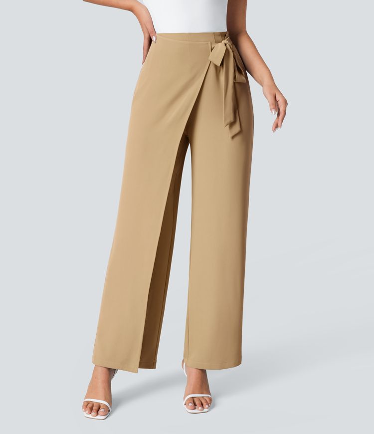 High Waisted Tie Side Invisible Zipper Wide Leg Work Pants