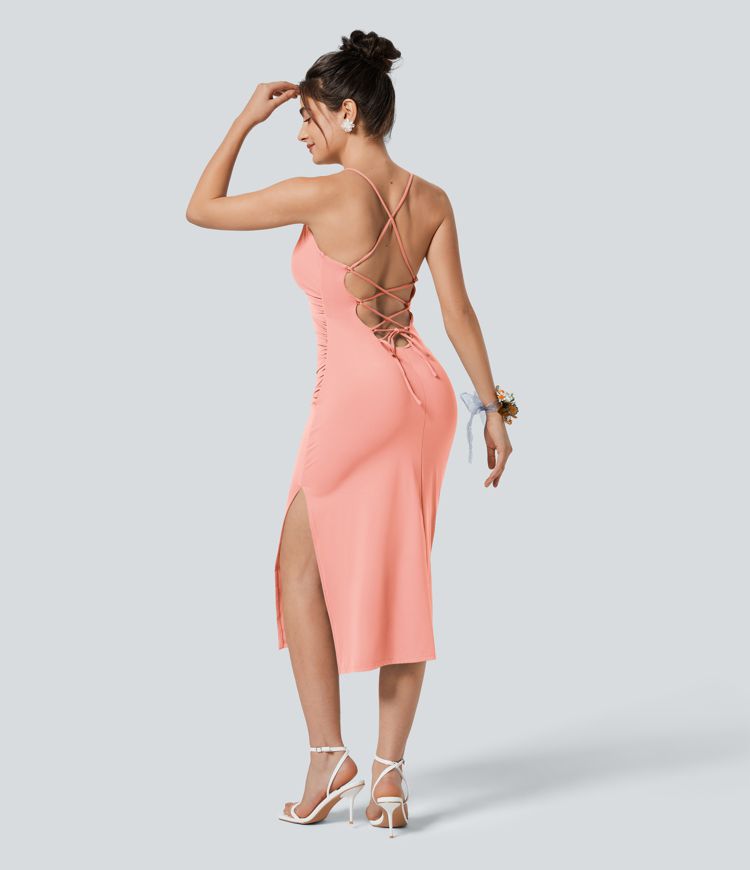 SoftlyZero™ Airy Crossover Ruched Lace Up Bodycon Cool Touch Dress-UPF50+