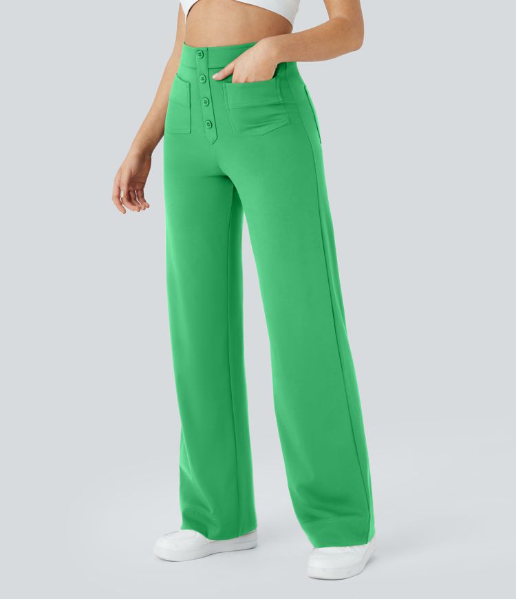 High Waisted Pockets Straight Leg Casual Pants