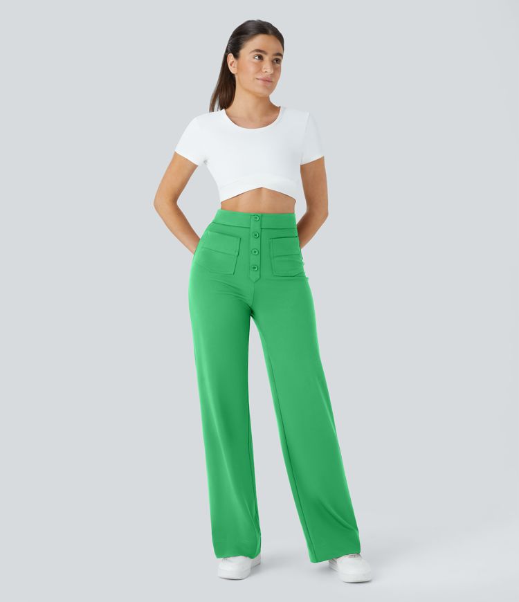 High Waisted Pockets Straight Leg Casual Pants