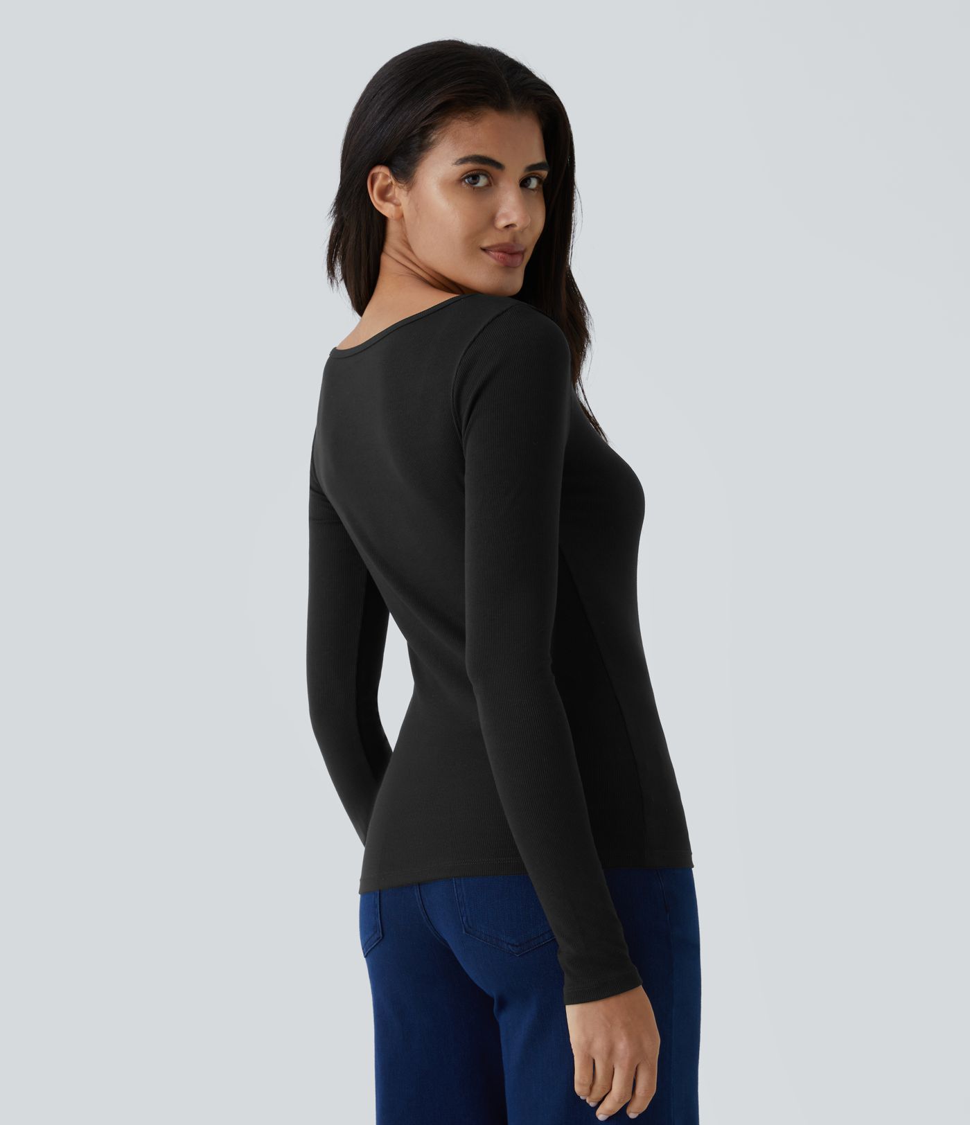 Ribbed Notched Scoop Neck Long Sleeve Slim Casual Top