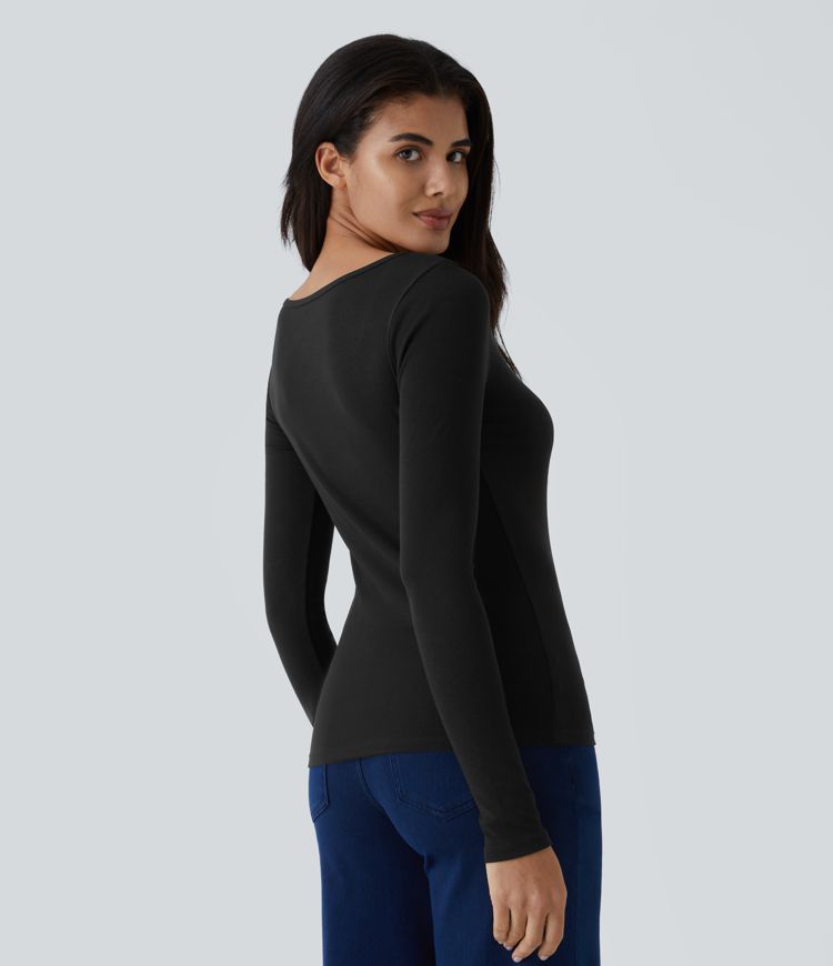 Ribbed Scoop Neck Long Sleeve Slim Casual Top