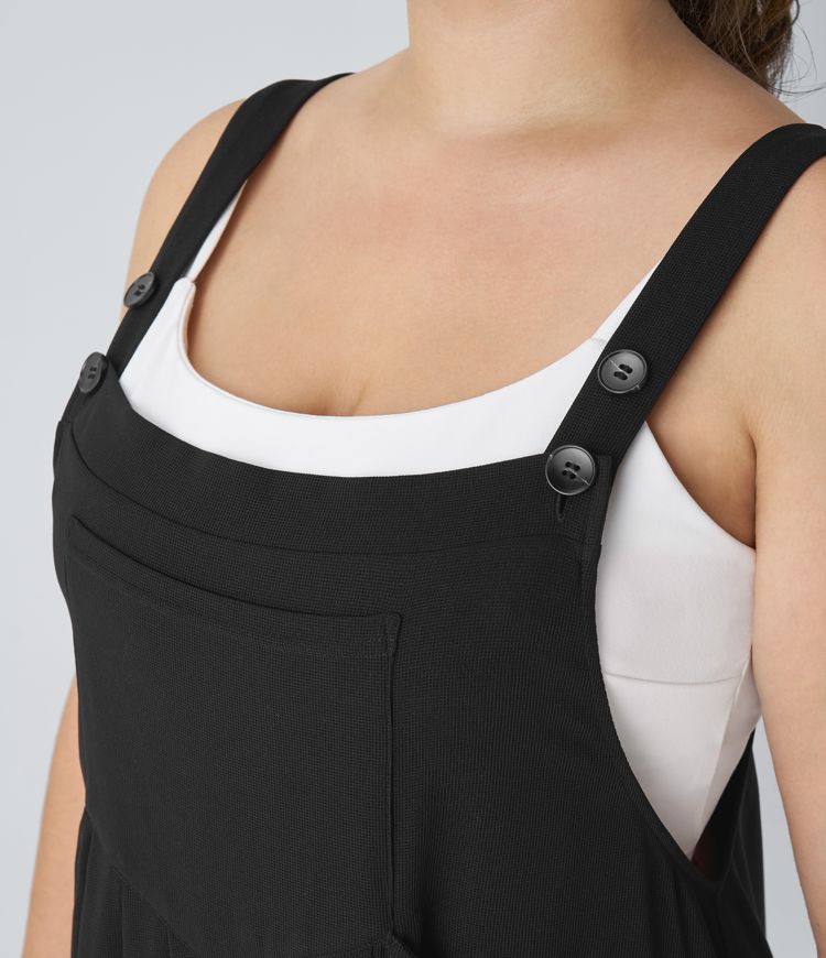 Adjustable Strap Button Multiple Pockets Waffle Casual Plus Size Dungarees