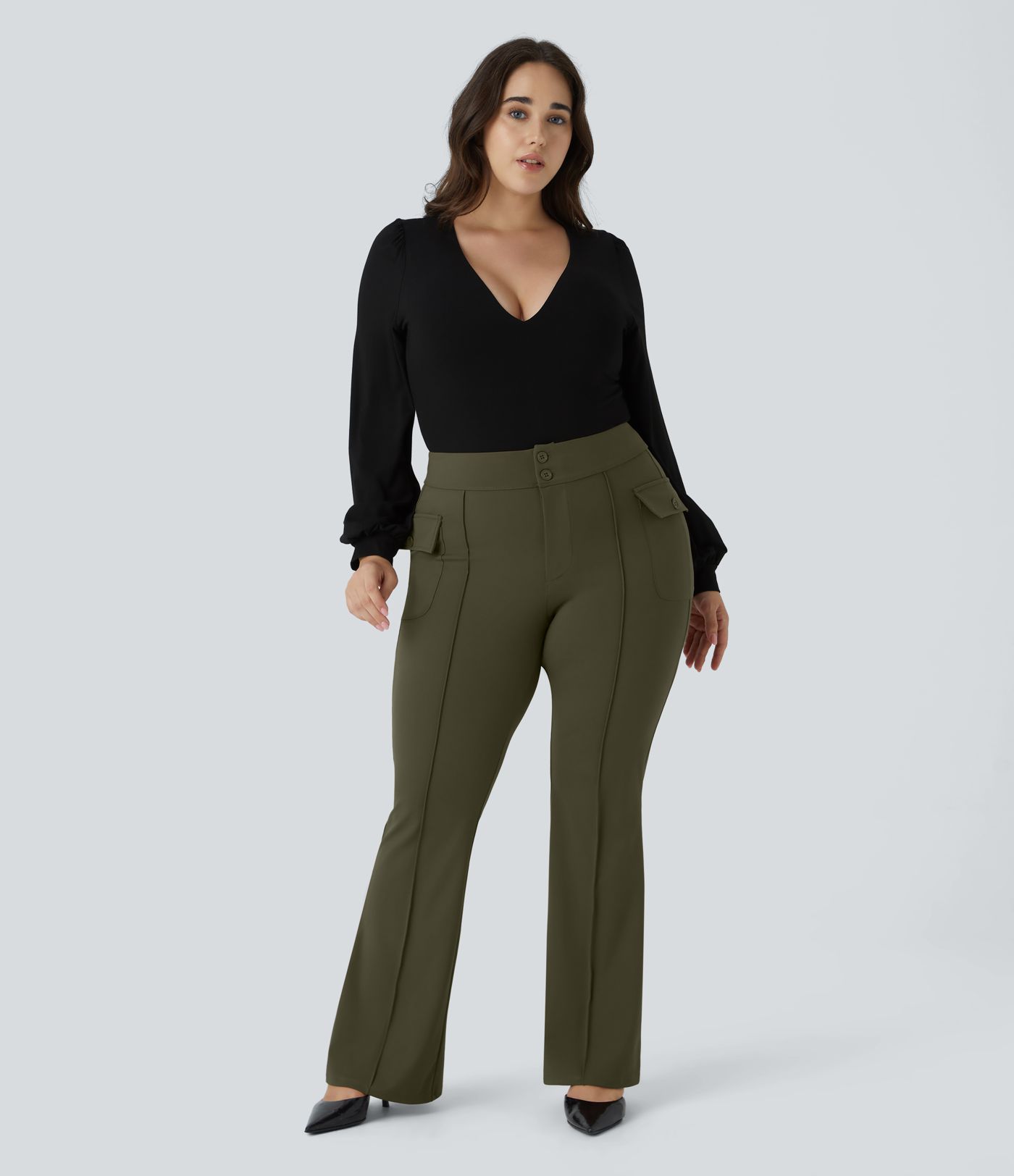 SculptKnit High Waisted Side Flap Pocket Flare Plus Size Casual Cargo Pants