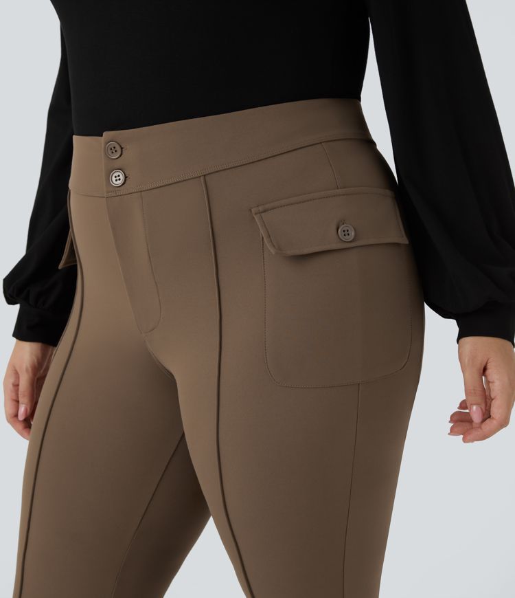 Pantalones cargo talla grande acampanado bolsillo solapa lateral botones tiro alto