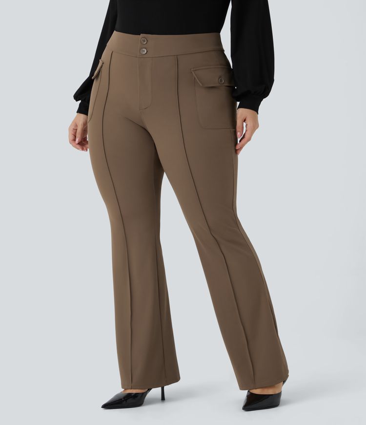 Pantalones cargo talla grande acampanado bolsillo solapa lateral botones tiro alto