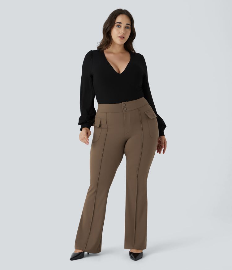 Pantalones cargo talla grande acampanado bolsillo solapa lateral botones tiro alto