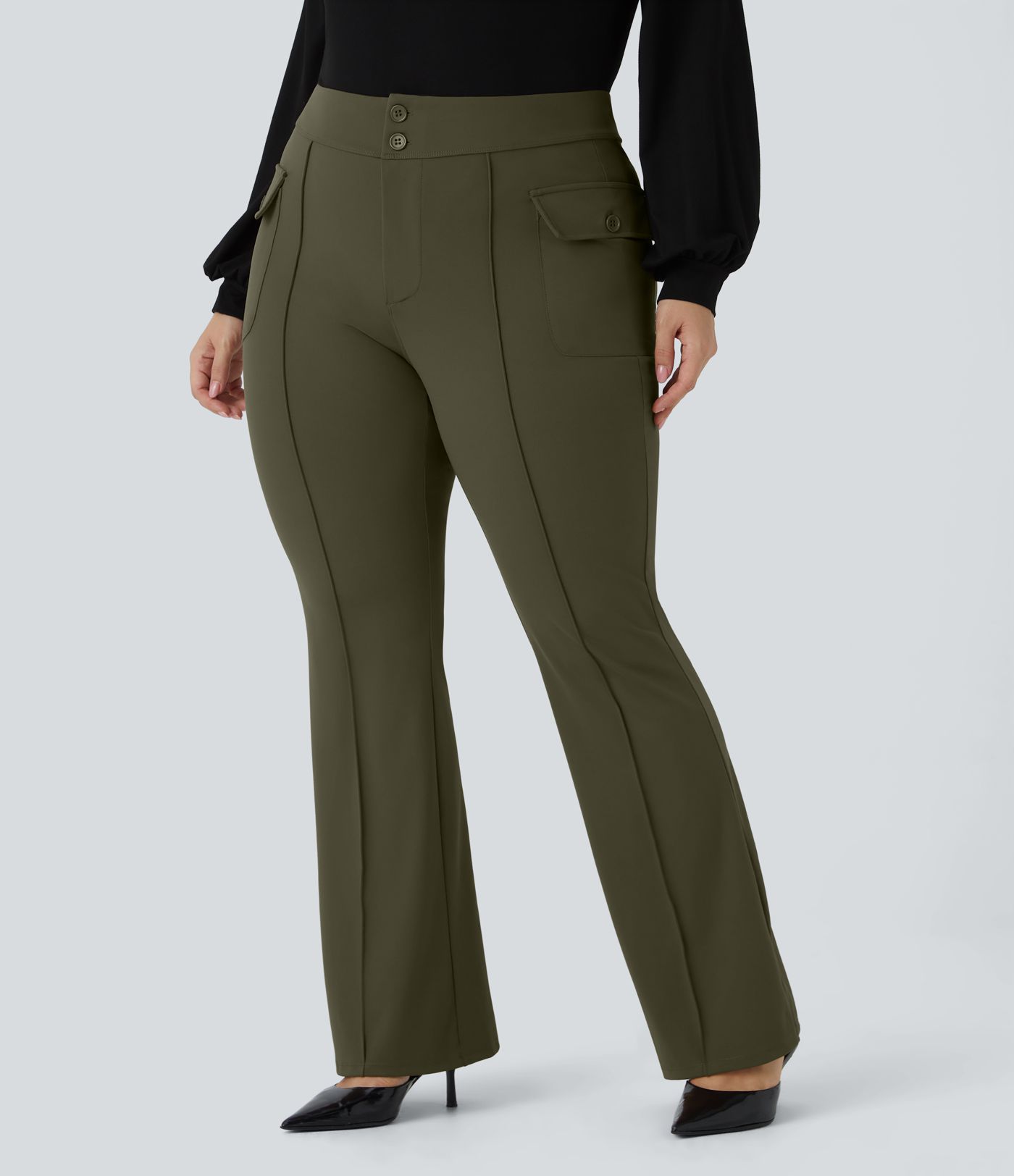 SculptKnit High Waisted Side Flap Pocket Flare Plus Size Casual Cargo Pants