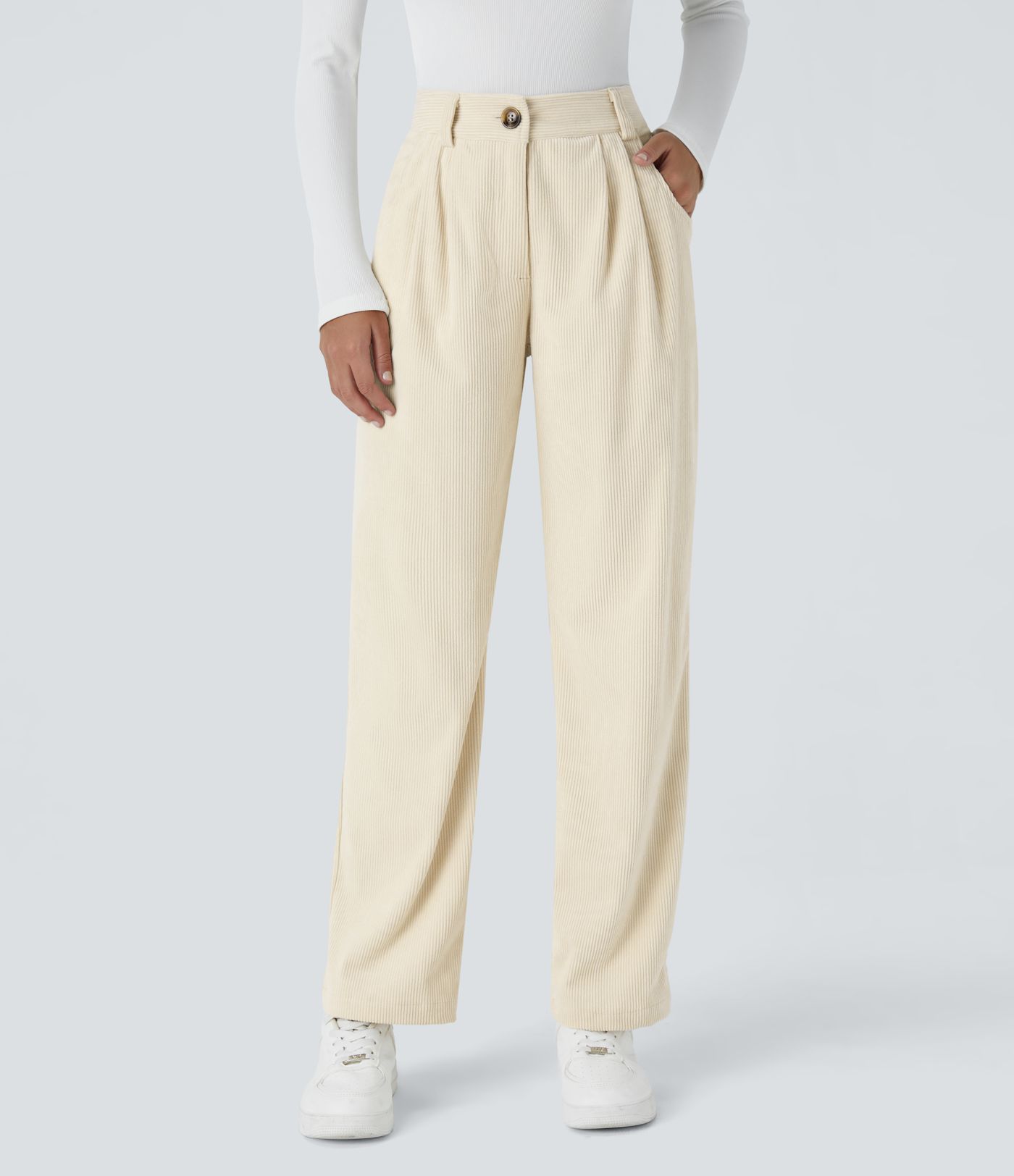 Pantalon décontracté en velours côtelé taille moyenne avec poches latérales