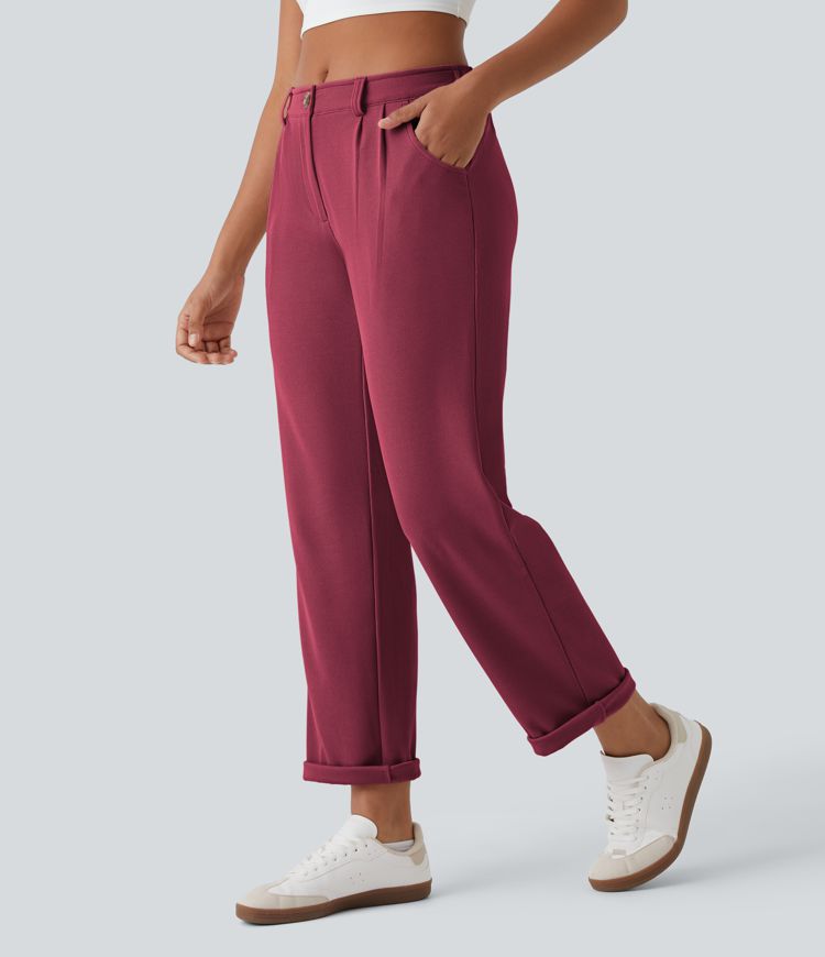 Pantalon Décontracté Taille Mi-Haute Boutonnés Fermeture Éclair Poches Latérales Tissu Gaufré