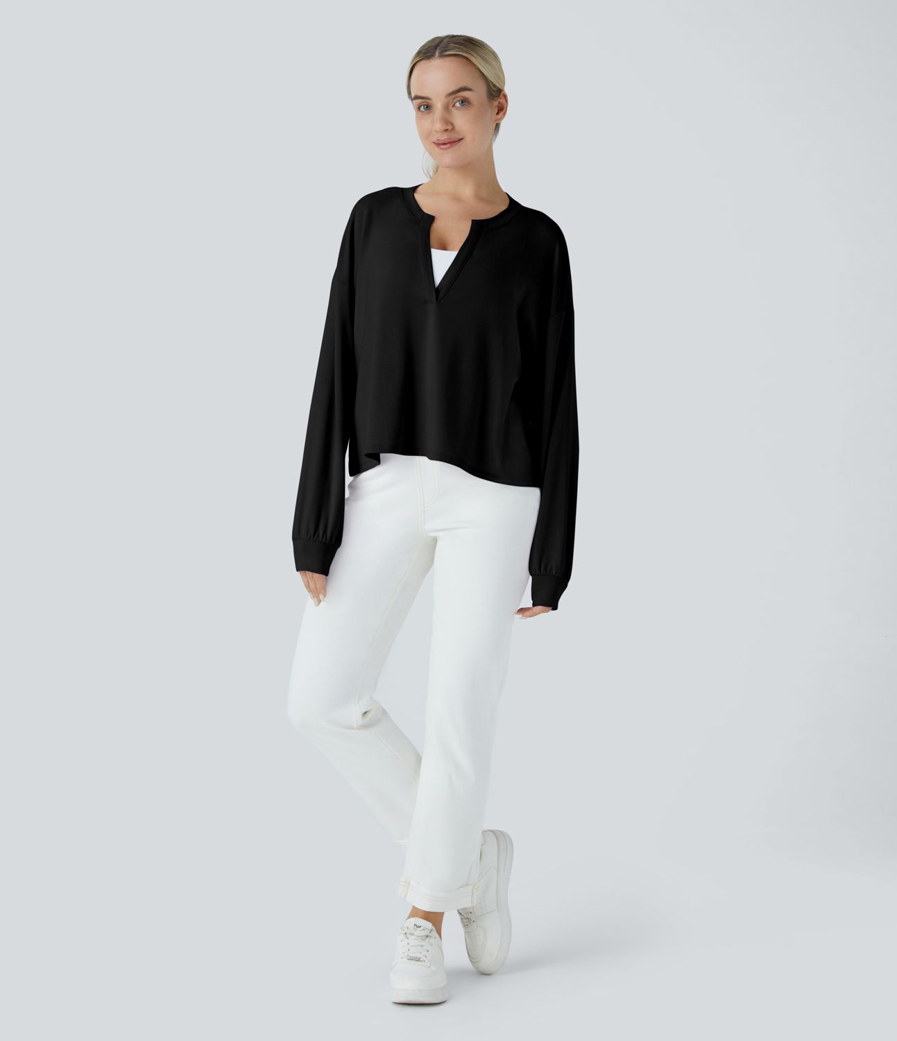 V-neck drop-shoulder long-sleeve casual sweatshirt