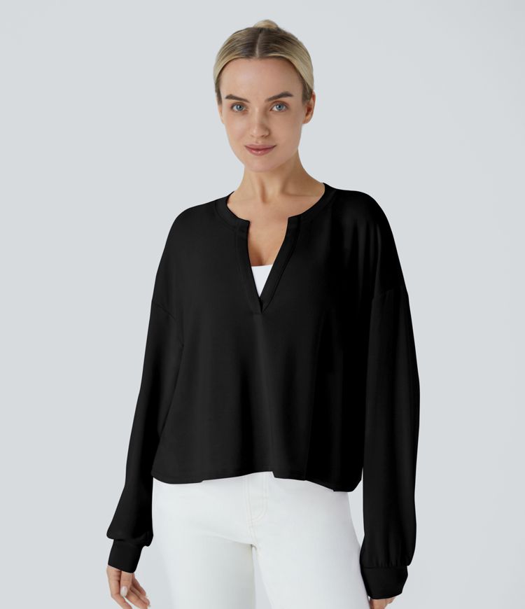 V-neck drop-shoulder long-sleeve casual sweatshirt