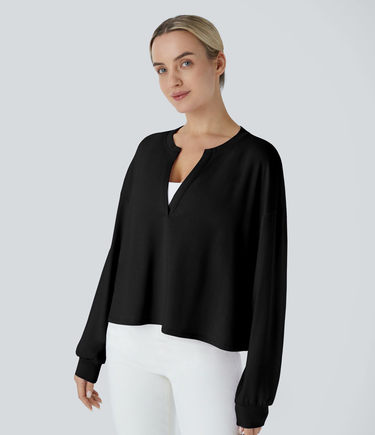 V-neck drop-shoulder long-sleeve casual sweatshirt