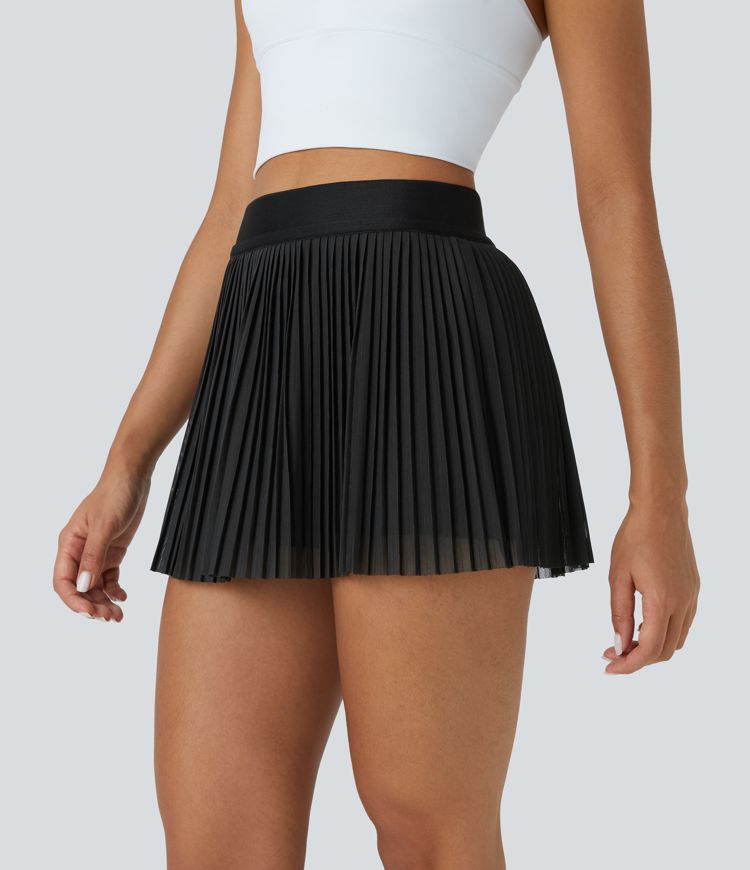 ハイウエスト 2イン1 サイドポケット コントラストメッシュ プリーツ ミニテニススカート