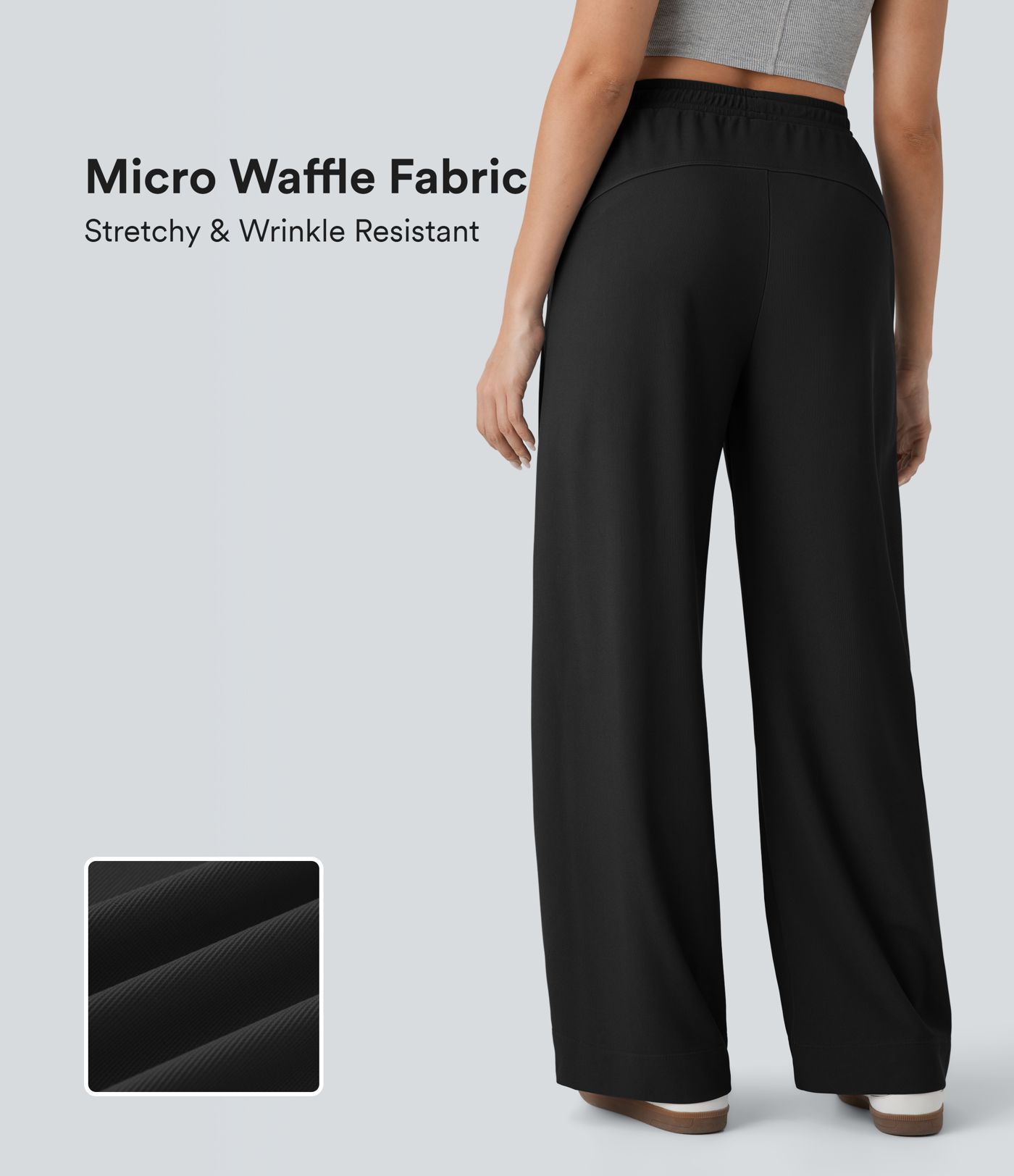Højtaljede, rette bukser med lommer, mikrowaffle-struktur og afslappet pasform