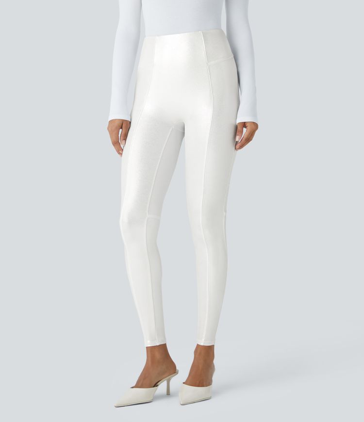 SoCinched High Waisted Tummy Control Faux Leather Foil Print Stretchy Party Leggings