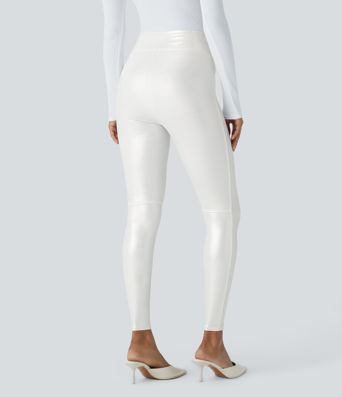 High Waisted Tummy Control Faux Leather Foil Print Stretchy Leggings