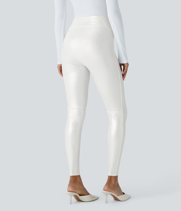 SoCinched High Waisted Tummy Control Faux Leather Foil Print Stretchy Party Leggings