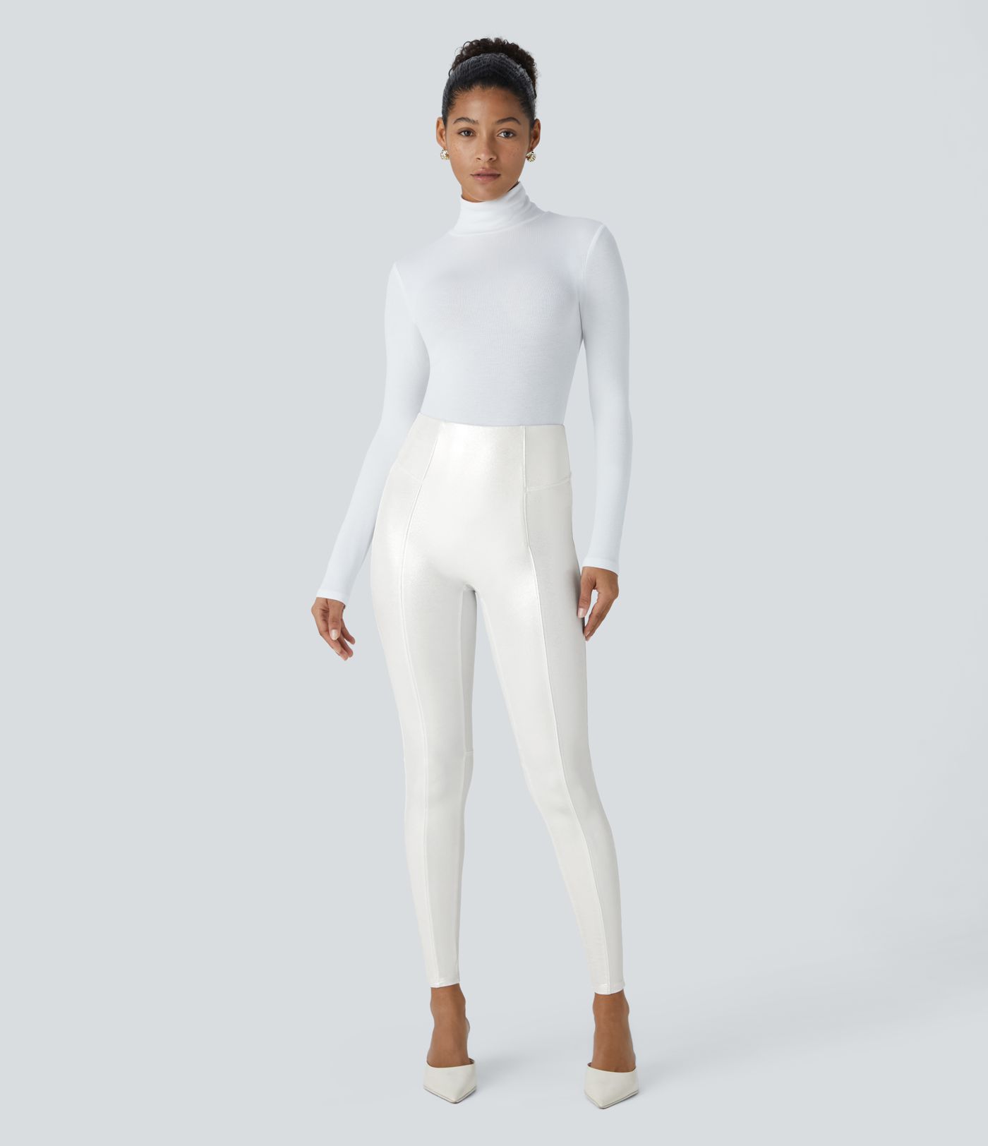 High Waisted Tummy Control Faux Leather Foil Print Stretchy Leggings