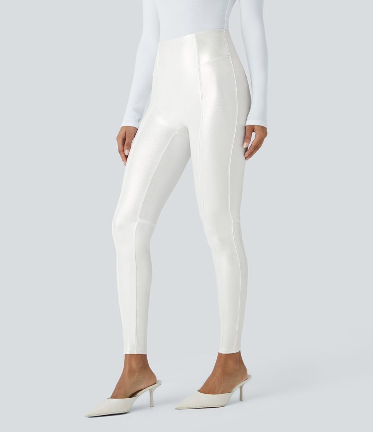 SoCinched High Waisted Tummy Control Faux Leather Foil Print Stretchy Leggings