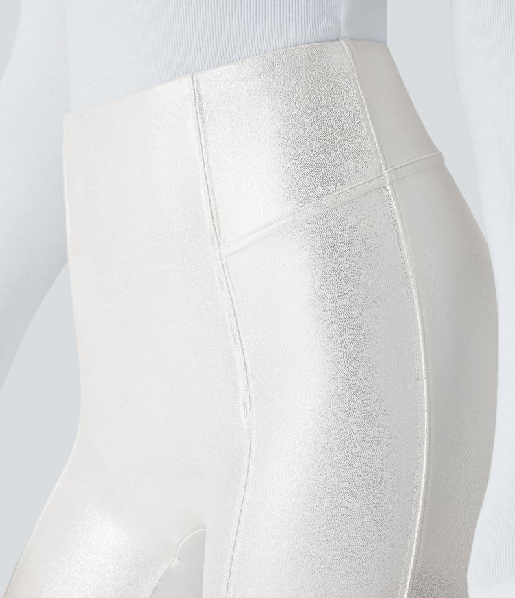 High Waisted Tummy Control Faux Leather Foil Print Stretchy Leggings