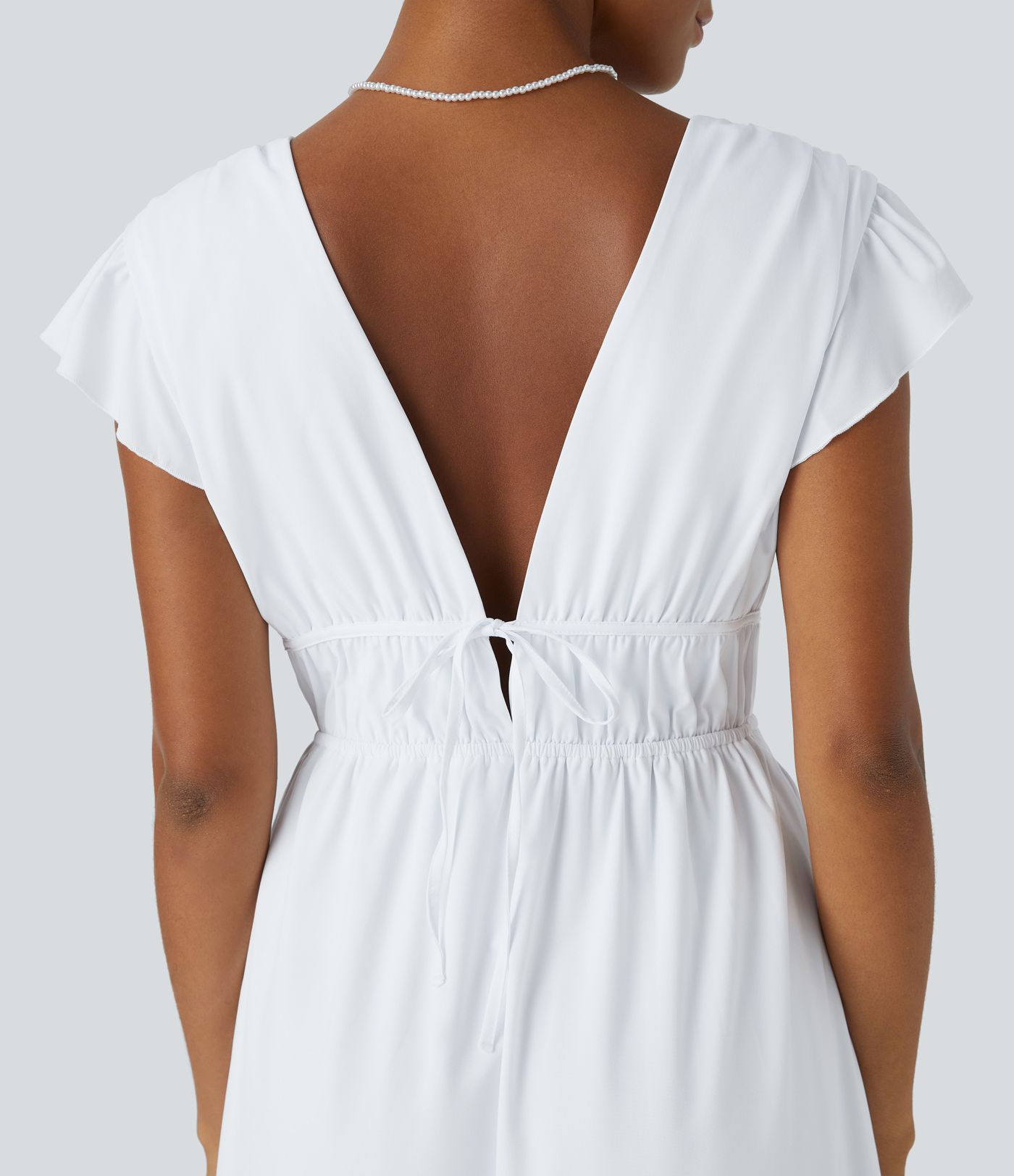 Breezeful™ Fine V-Neck Butterfly Sleeve Backless Knot Side Pocket Frill Hem Midi Quick Dry Bride Dolely and Wedding Guest Dress