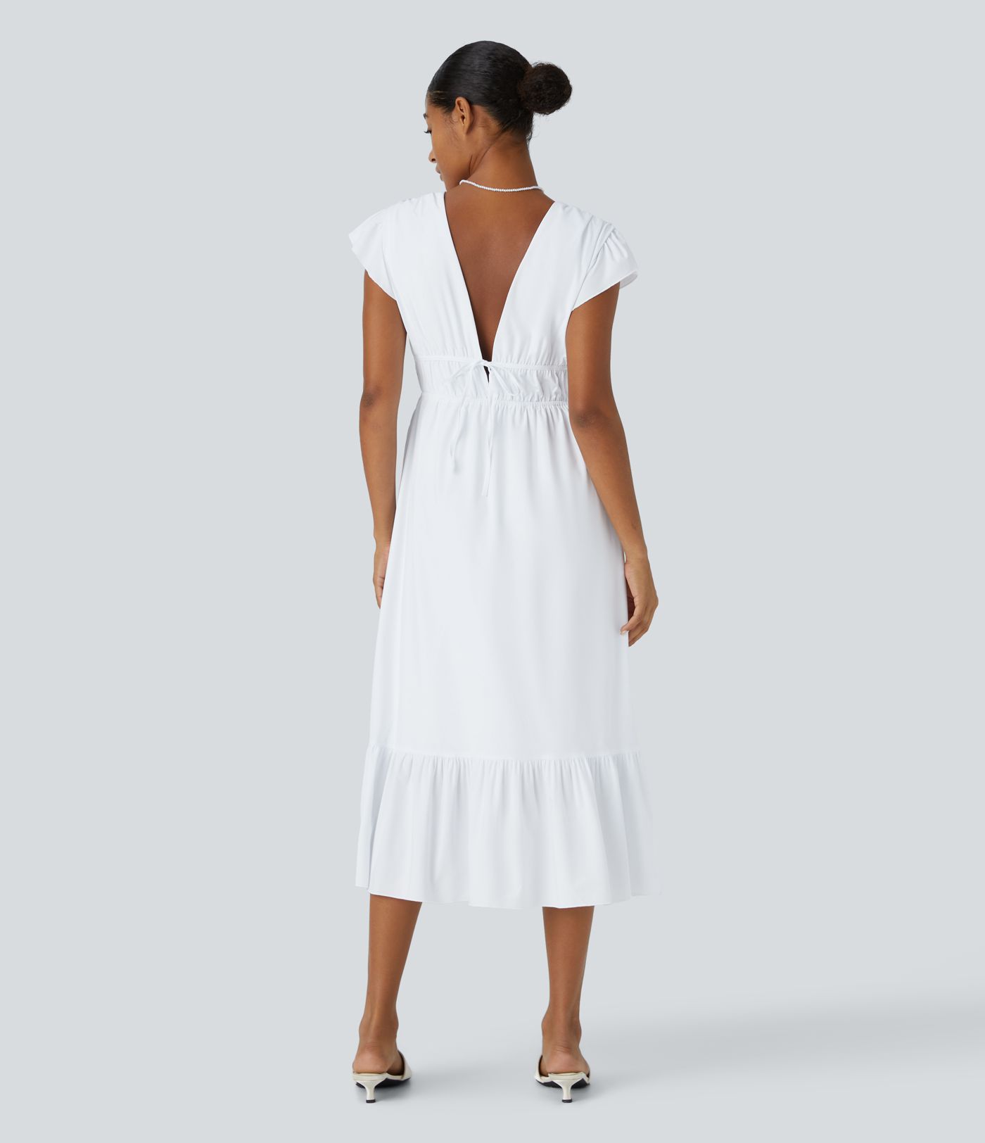 Breezeful™ Fine V-Neck Butterfly Sleeve Backless Knot Side Pocket Frill Hem Midi Quick Dry Bride Dolely and Wedding Guest Dress