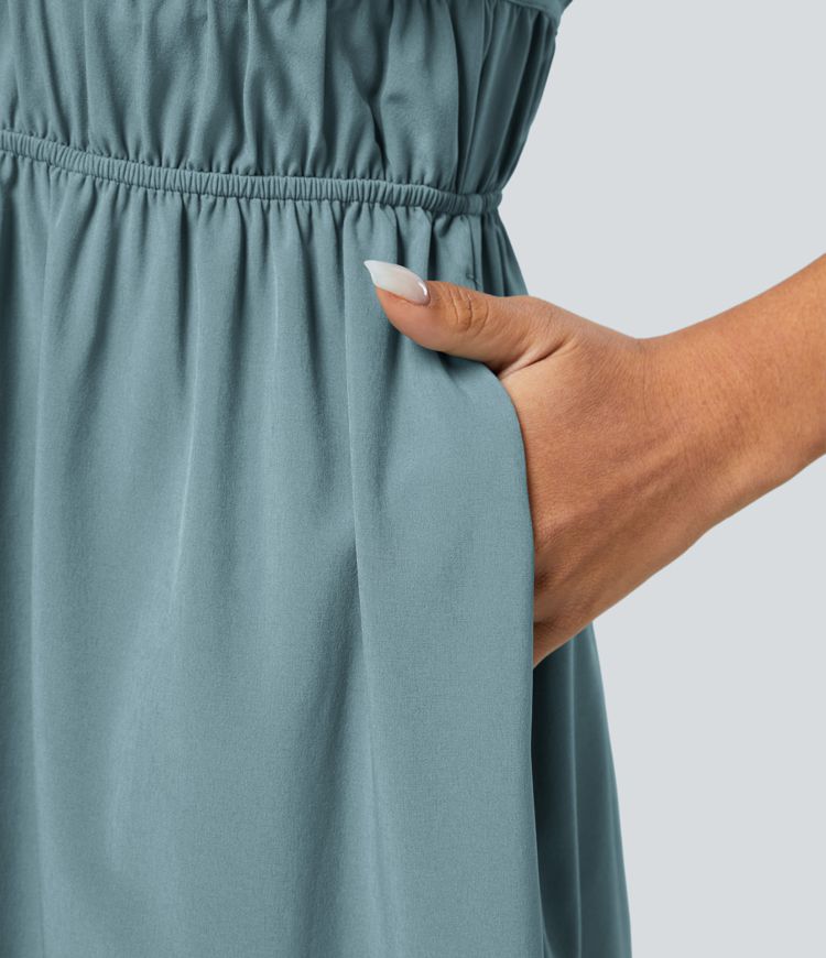 Breezeful™ Deep V Neck Butterfly Sleeve Backless Knot Side Pocket Ruffle Hem Midi Quick Dry Bridesmaid and Wedding Guest Dress