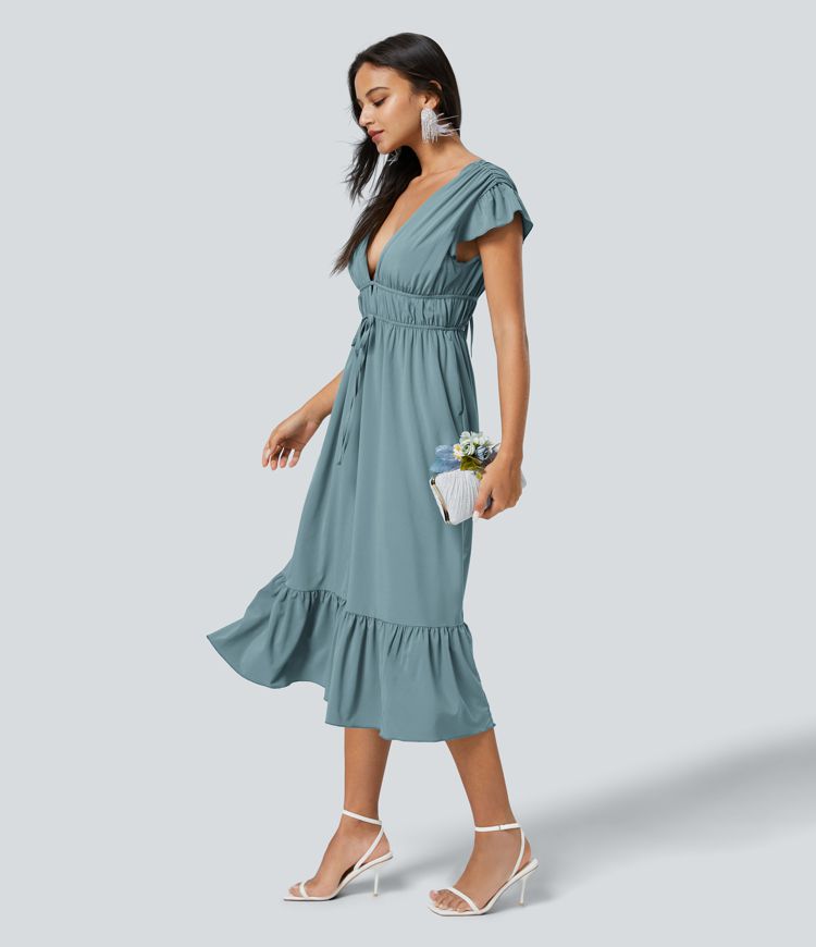 Breezeful™ Deep V Neck Butterfly Sleeve Backless Knot Side Pocket Ruffle Hem Midi Quick Dry Bridesmaid and Wedding Guest Dress
