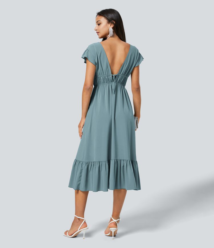 Breezeful™ Deep V Neck Butterfly Sleeve Backless Knot Side Pocket Ruffle Hem Midi Quick Dry Bridesmaid and Wedding Guest Dress