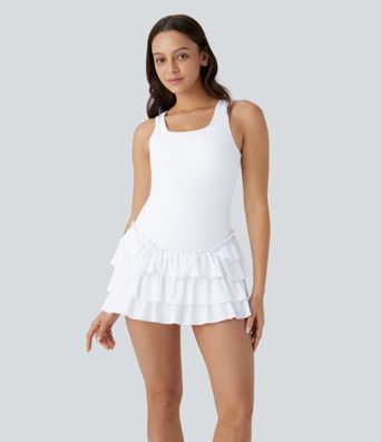 Breezeful™ Square Neck Layered Ruffle 2 Piece Side Pocket Micro Mini Quick Dry Dance Active Dress