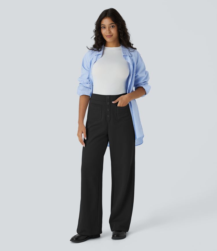 Pantalón polar tiro alto botón múltiple bolsillo pierna recta